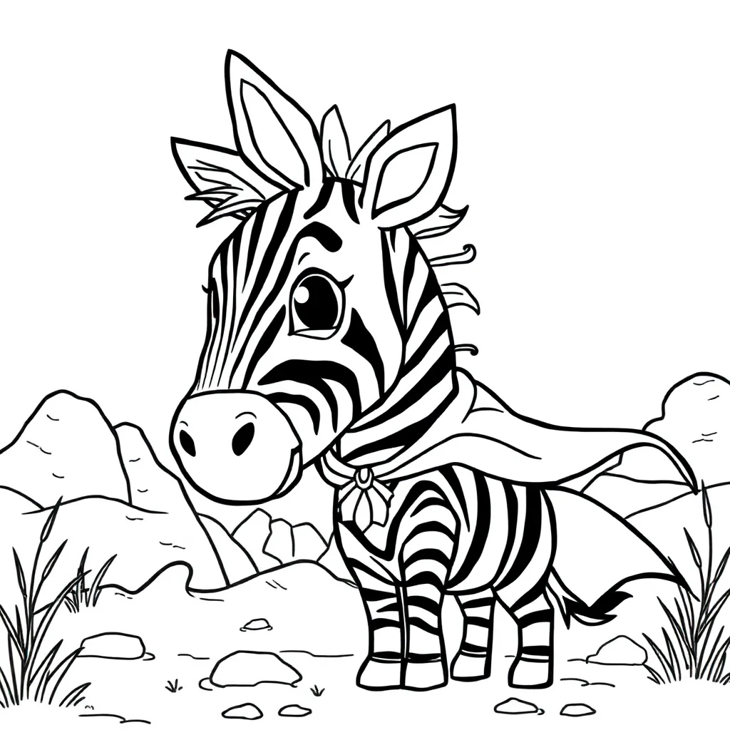 Zebras a cute zebra in a superhero cape — classic zebras coloring page (ages 5–10)