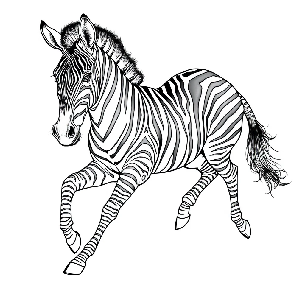 Zebras a running zebra dancing — detailed zebras coloring page (ages 9+ & adults)