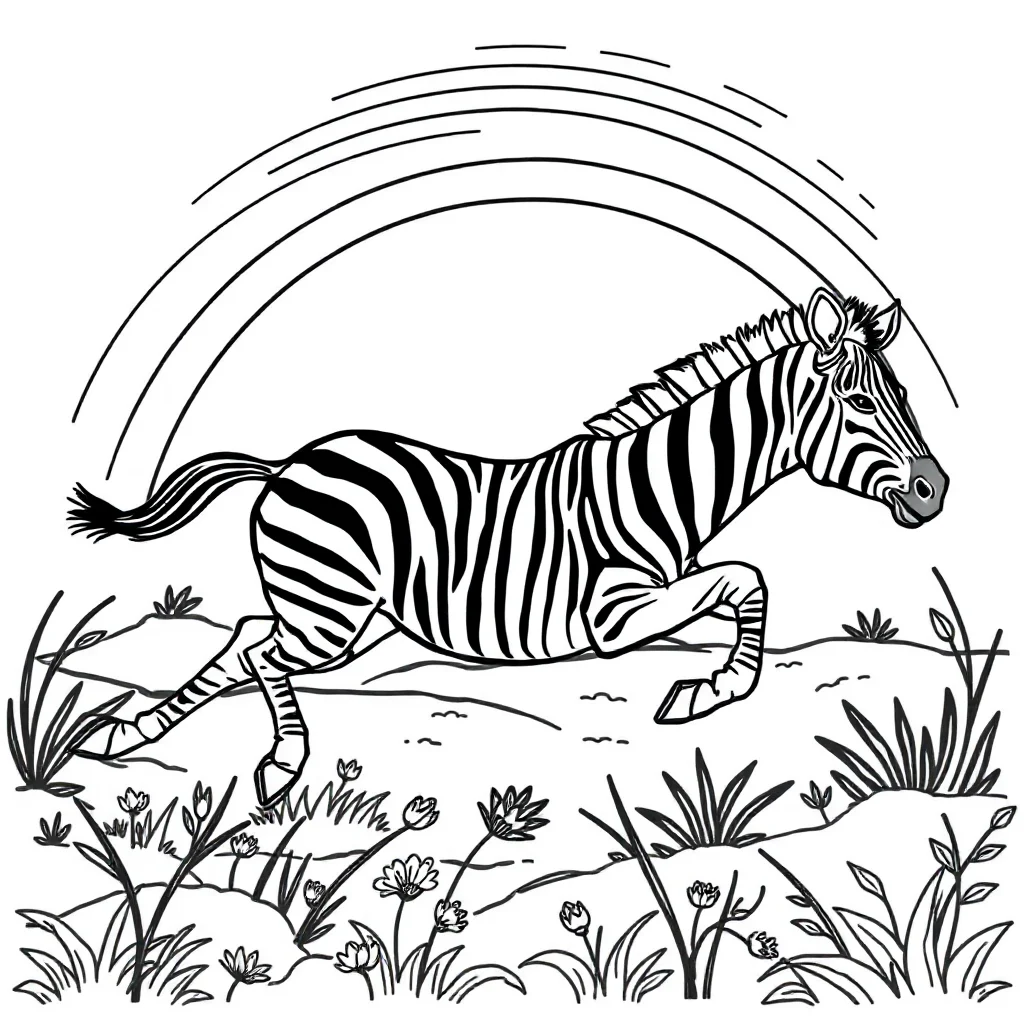 Zebras a running zebra under a rainbow — classic zebras coloring page (ages 5–10)