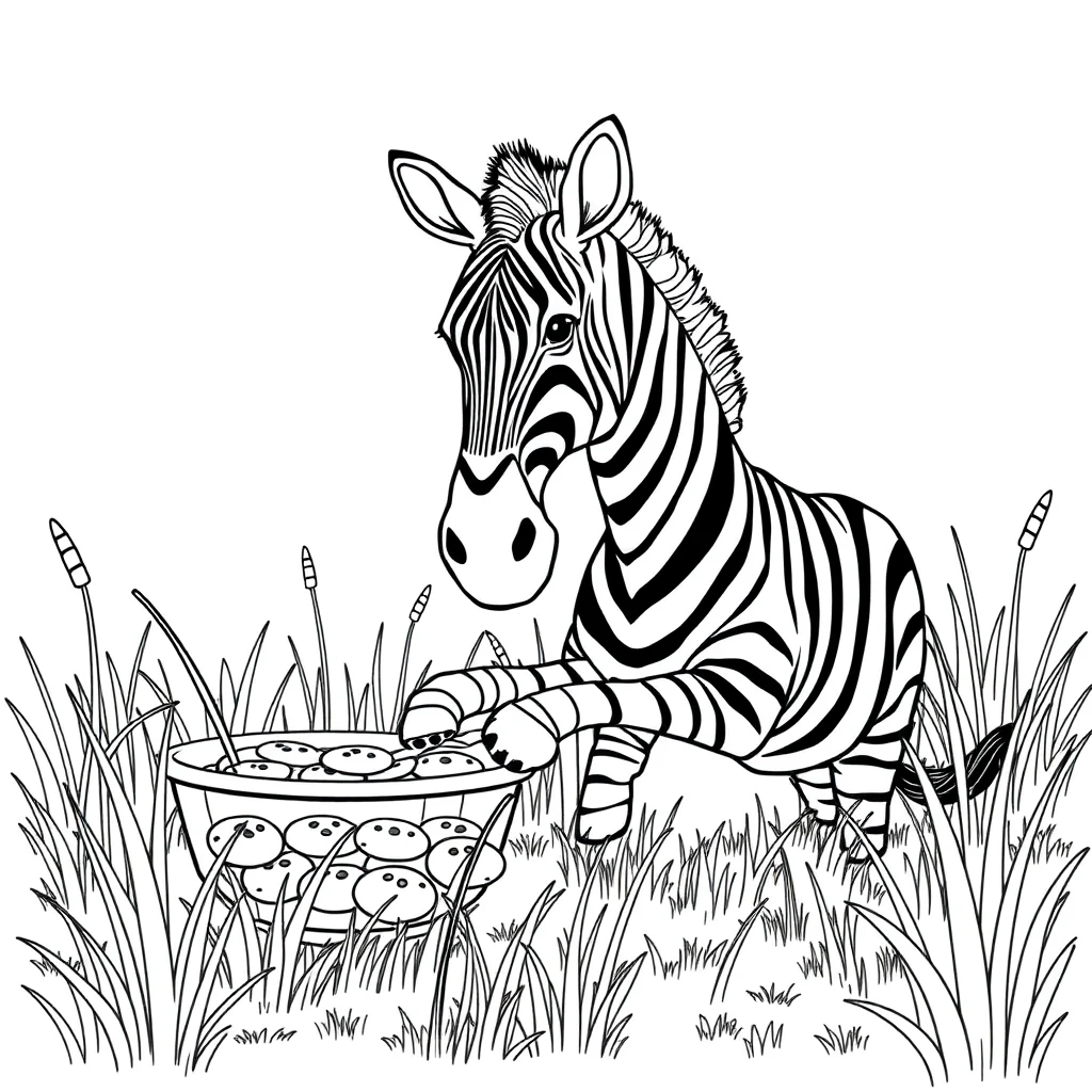 Zebras a zebra in the grass baking cookies — classic zebras coloring page (ages 5–10)