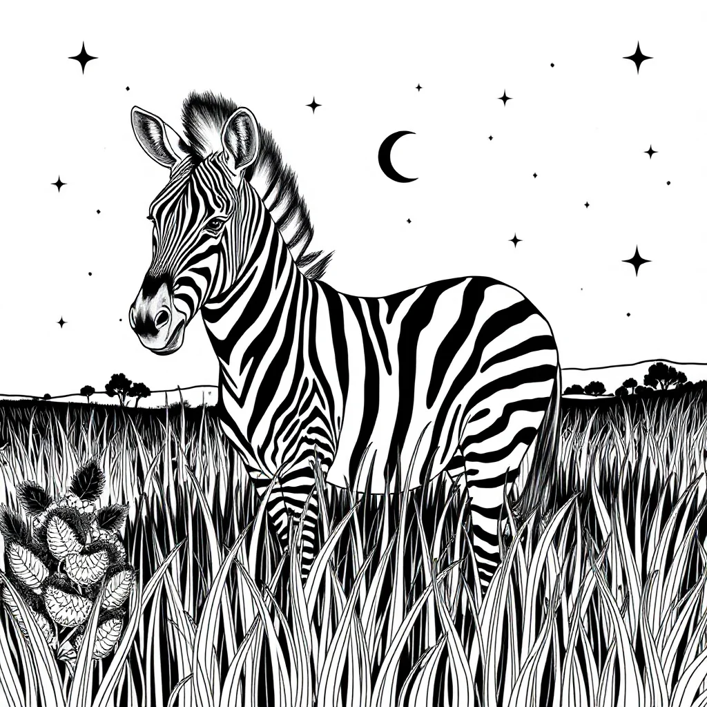 Zebras a zebra in the grass under the night sky with stars — detailed zebras coloring page (ages 9+ & adults)