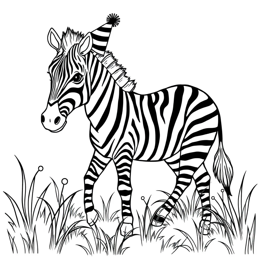 Zebras a zebra in the grass wearing a party hat — classic zebras coloring page (ages 5–10)
