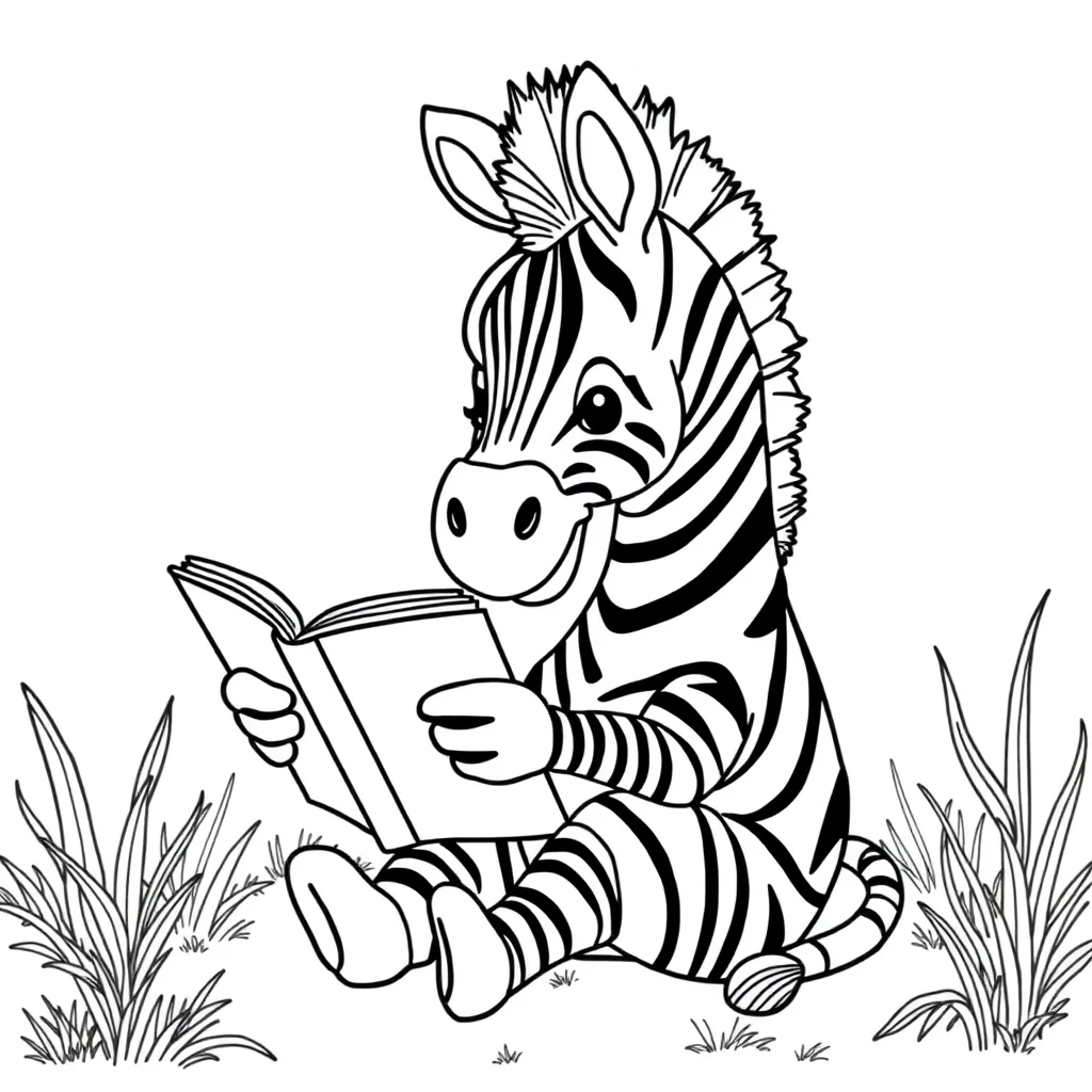 Zebras a zebra with stripes reading a book — classic zebras coloring page (ages 5–10)