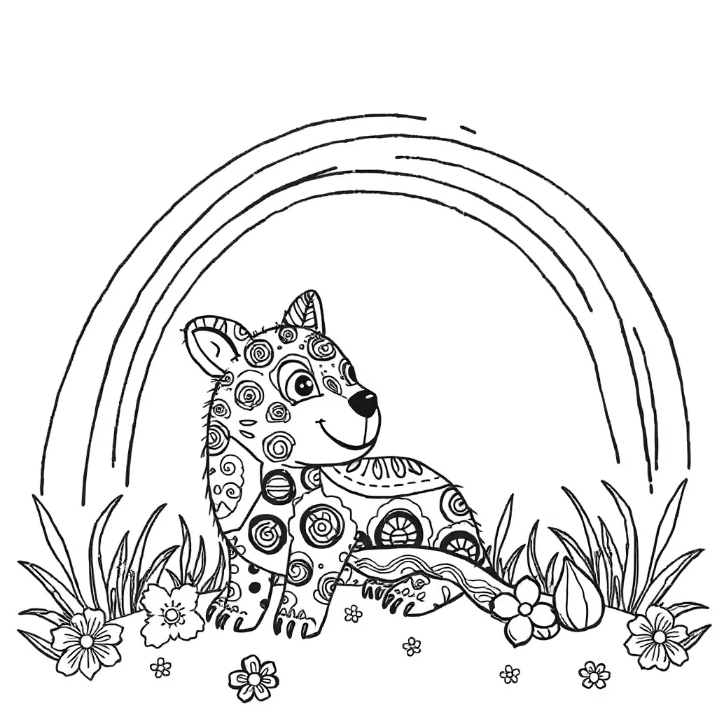 Zentangle a zentangle animal under a rainbow — classic zentangle coloring page (ages 5–10)