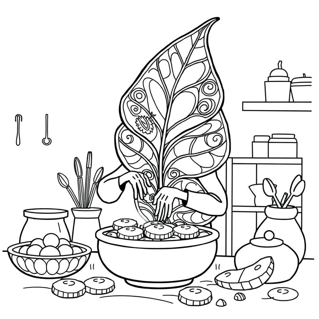 Zentangle a zentangle leaf baking cookies — classic zentangle coloring page (ages 5–10)