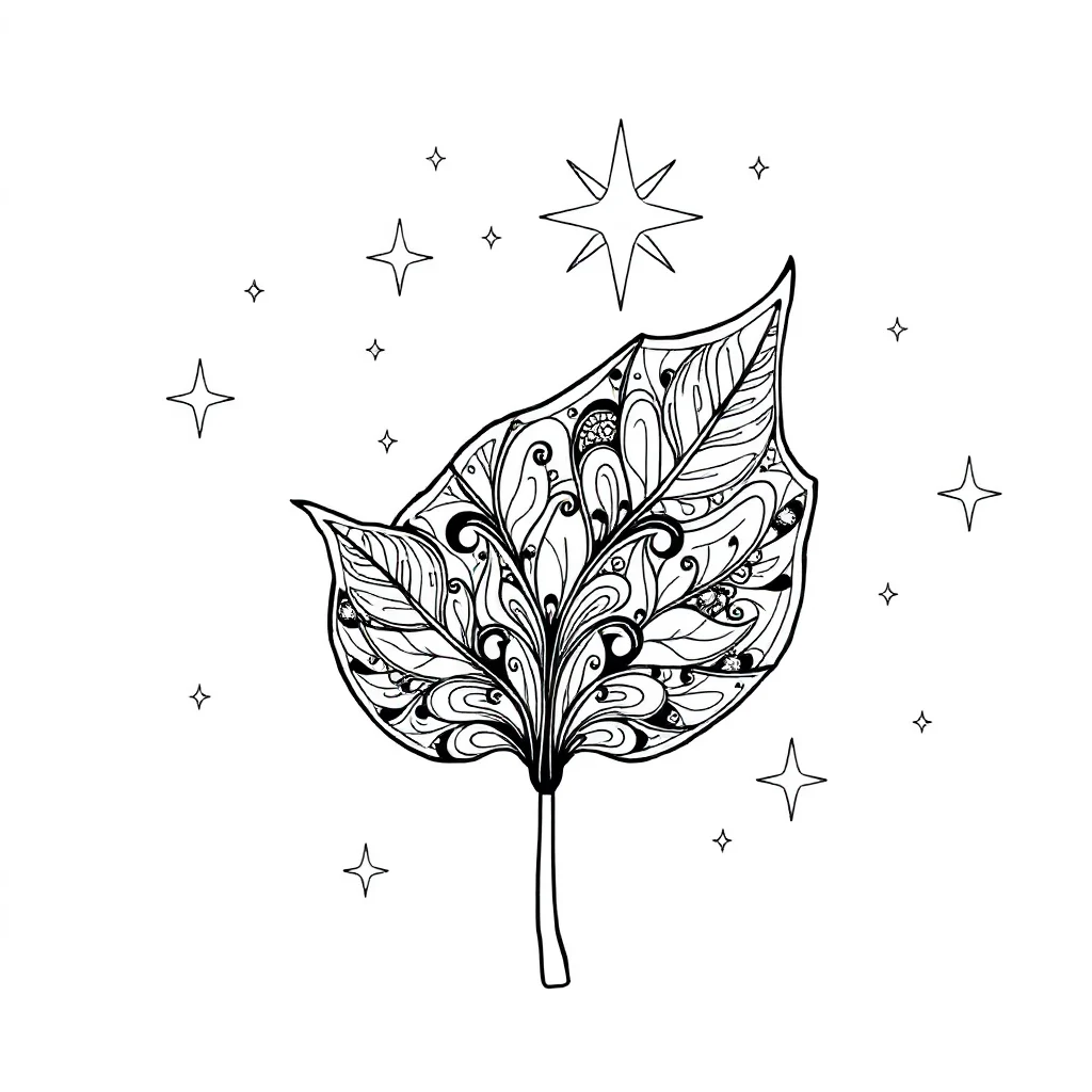 Zentangle a zentangle leaf under the night sky with stars — detailed zentangle coloring page (ages 9+ & adults)