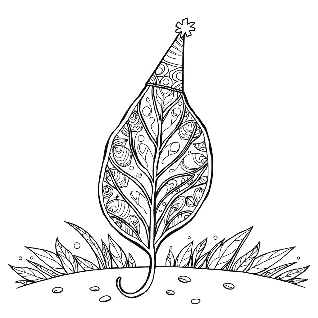 Zentangle a zentangle leaf wearing a party hat — classic zentangle coloring page (ages 5–10)
