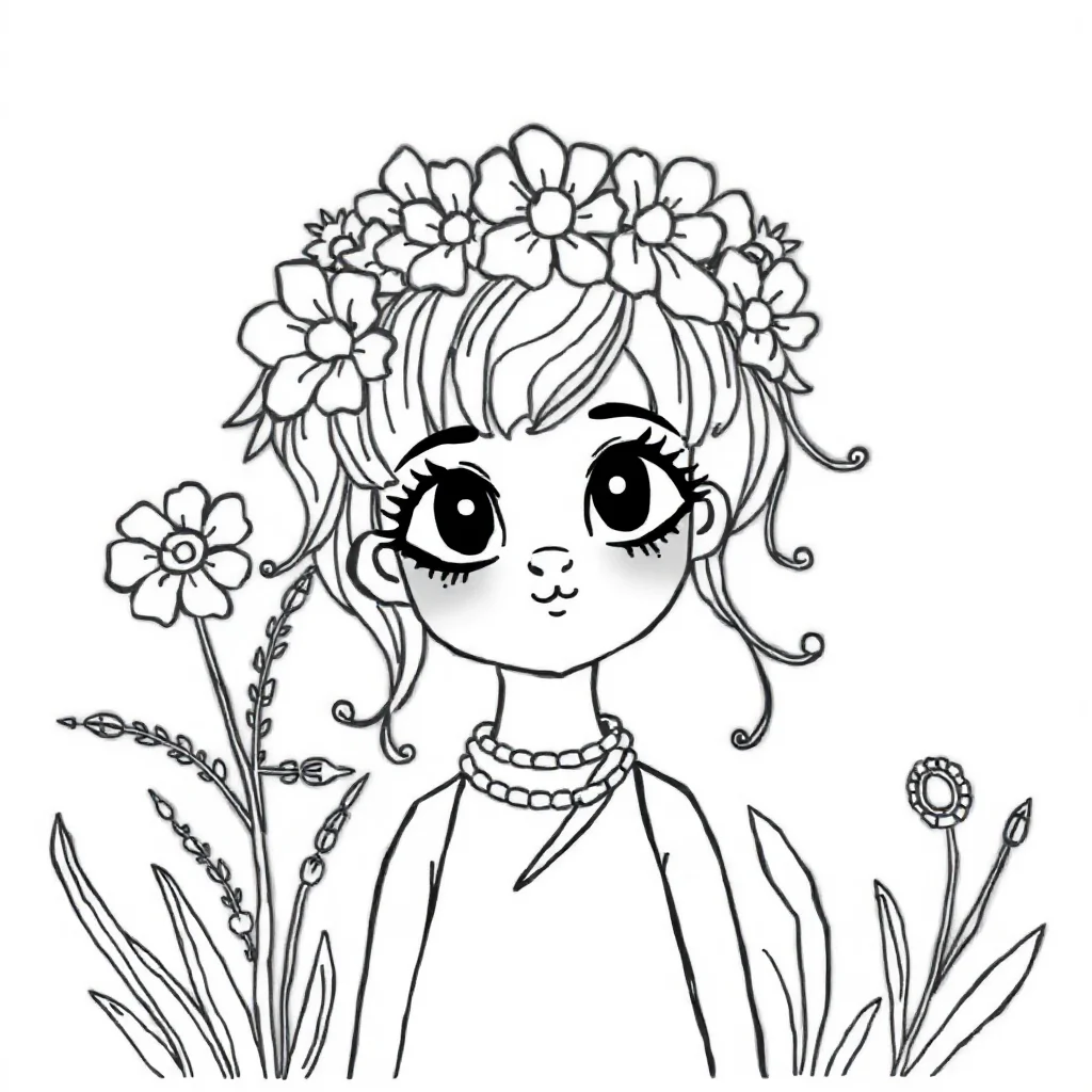 Zentangle an abstract zentangle wearing a flower crown — classic zentangle coloring page (ages 5–10)
